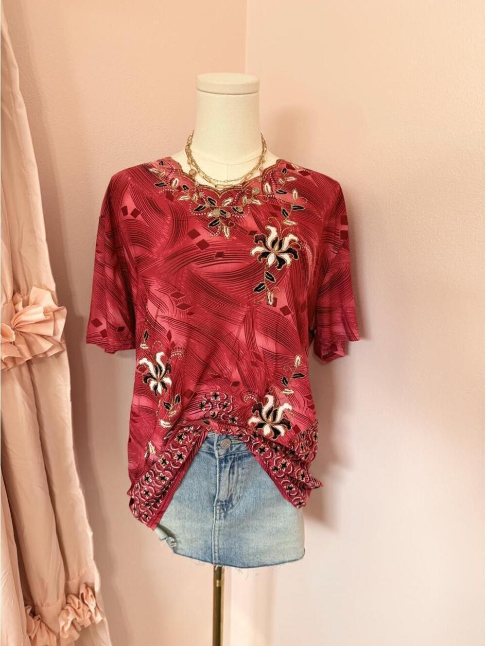 Victoria Embroidered Floral Blouse M/L Boho Short Sleeve Pink Top